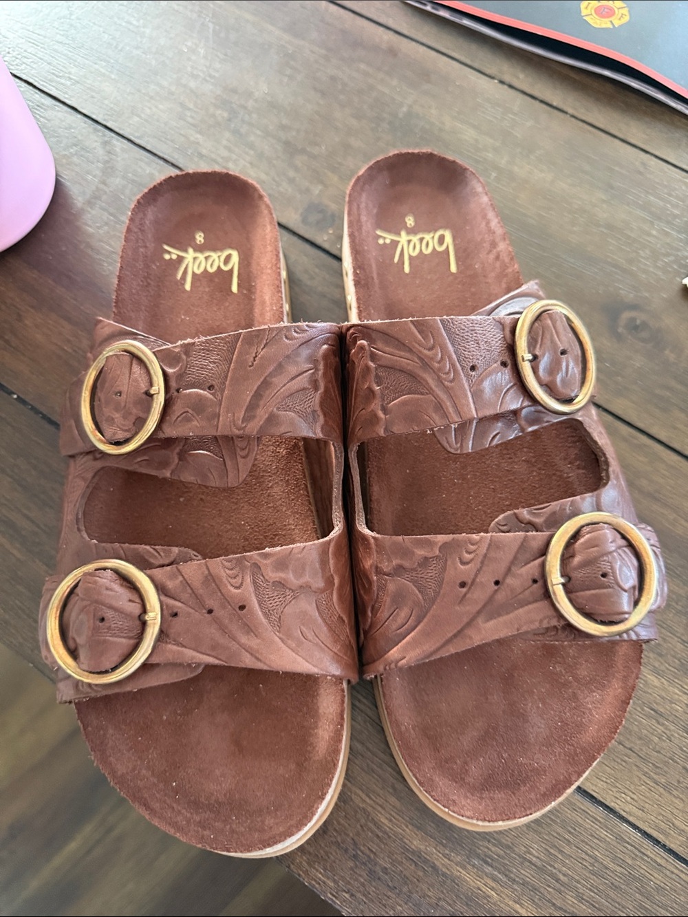 beek Brown Double-Buckle Embossed Leather Slide Sandals